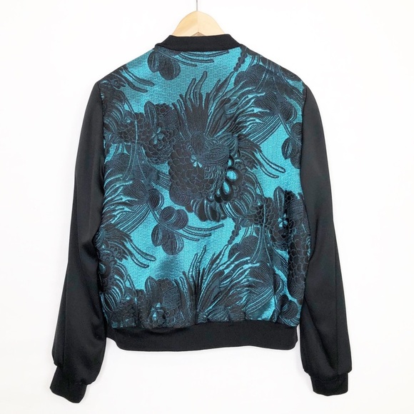 Trina Turk floral jacquard black and emerald green bomber jacket - Picture 3 of 12